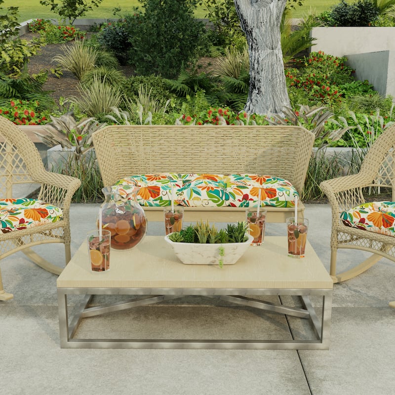 44" x 18" Multicolor Floral Contoured Outdoor Wicker Bench Cushion - 18'' L x 44'' W x 4'' H - Lensing Jungle