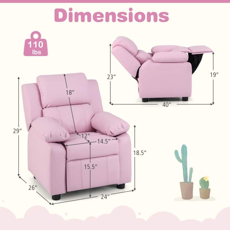 Kids Deluxe Headrest Recliner Sofa Chair with Storage Arms - 25" x 25.5" x 29" (W x D x H)