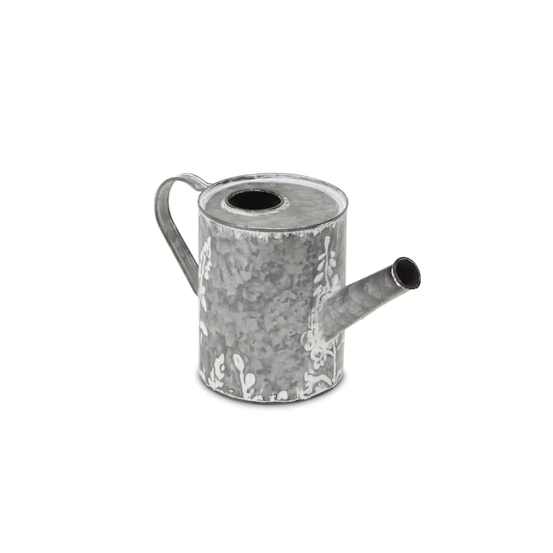 HomeRoots 6" Gray And White Galvanized Metal Flowers Hand Painted Decorative Watering Can - 10.50 in. x 6.00 in. x 4.75 in.