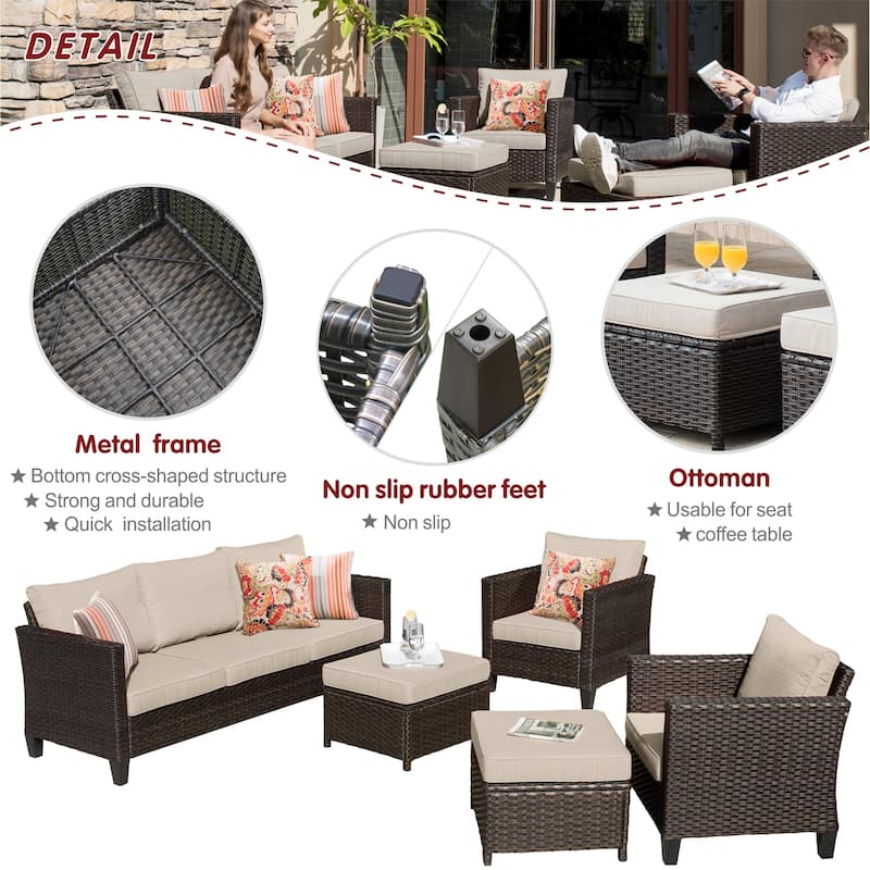 OVIOS Patio Furniture Wicker 5-piece Outdoor High-back Sectional Set