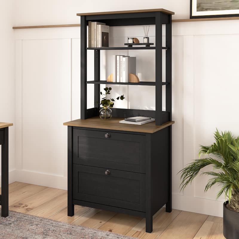 Mayfield Bookcase with Drawers by Bush Furniture - Vintage Black/Reclaimed Pine