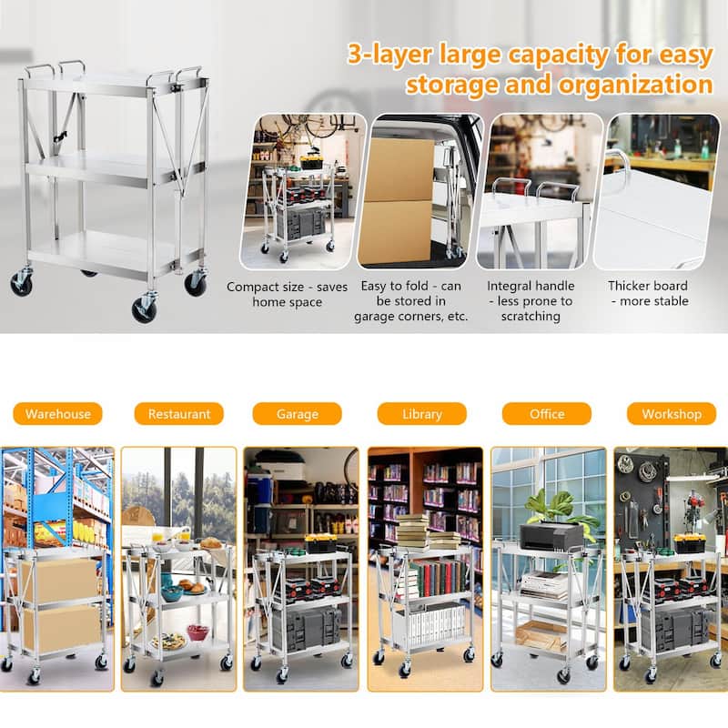3-Tier Folding Utility Service Cart with Lockable Wheels