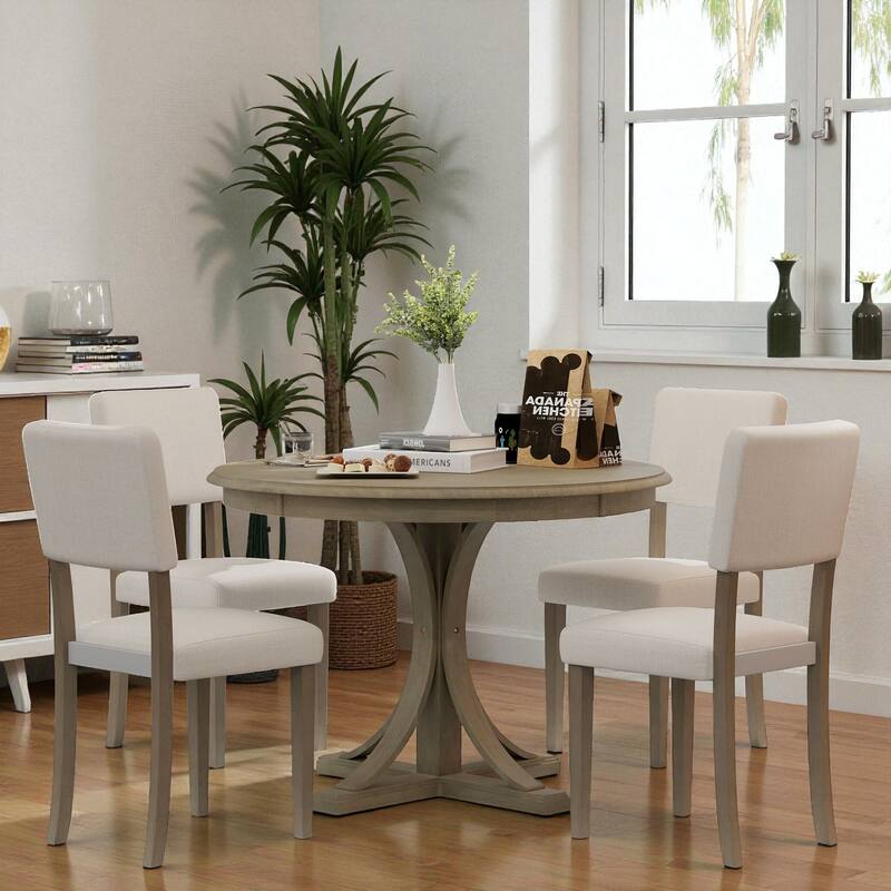 5-Piece Retro Round Dining Table Set, 44" Pedestal Wood Table with Curved Trestle Legs and 4 Upholstered Chairs