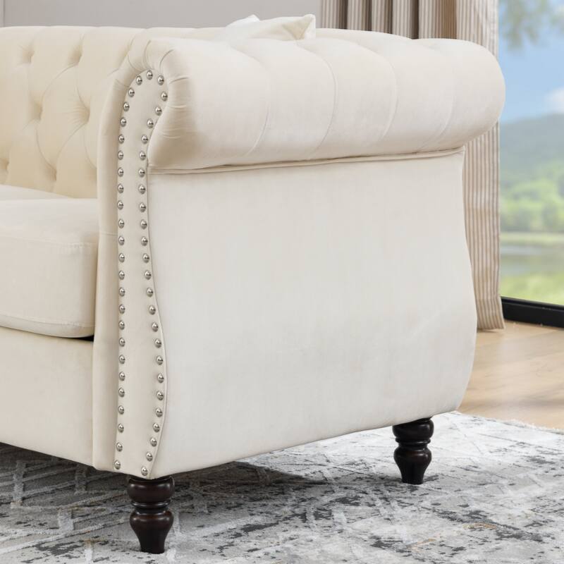 58.8" Chesterfield Sofa Beige Velvet for Living Room, 2 Seater Sofa Tufted Couch with Rolled Arms and Nailhead