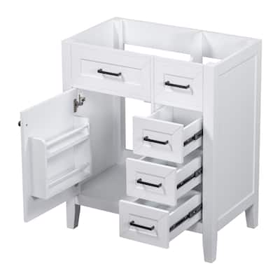 30" White Bathroom Vanity Base - Solid Wood & MDF, Freestanding Cabinet with Storage Drawers & Shelves
