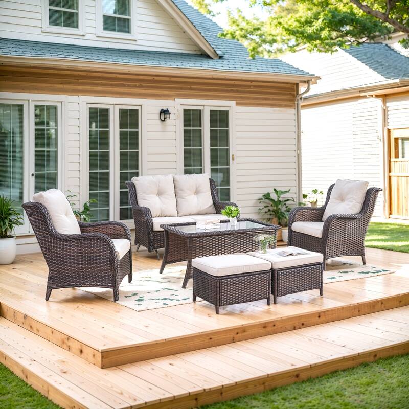 2 Patio Chair with Glider Sofa and Ottomans - Beige - Brown