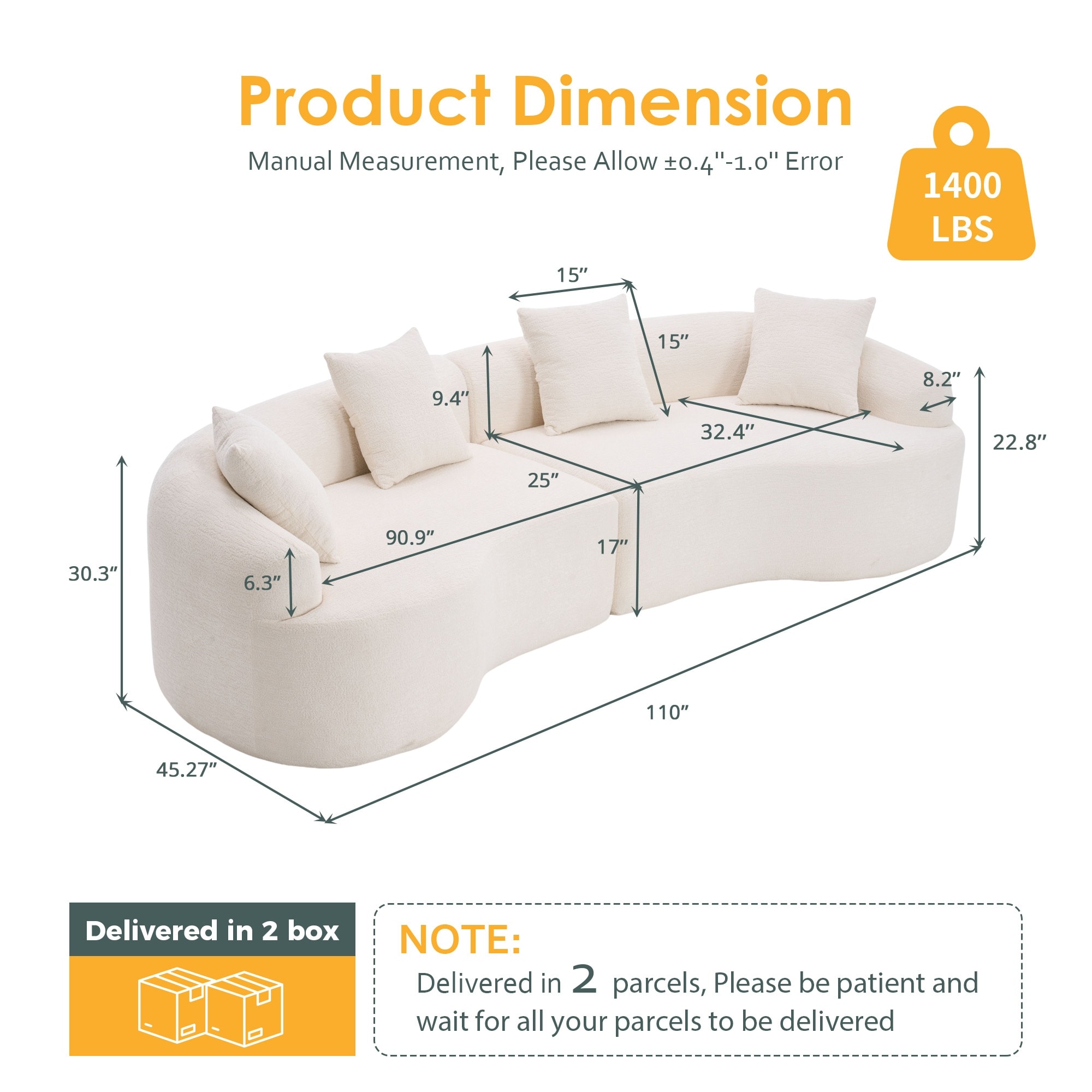 Modular Curved Sectional Sofa, Full Compression 4-Seater Foam Couch, Chenille Boneless Cloud Sofa for Living Room, Bedroom