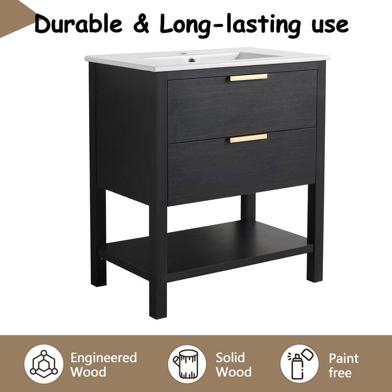 30" Bathroom Vanity with Ceramic Sink, Freestanding, Soft Closing Drawers, 4 Wood Feet, Durable and Water-Resistant