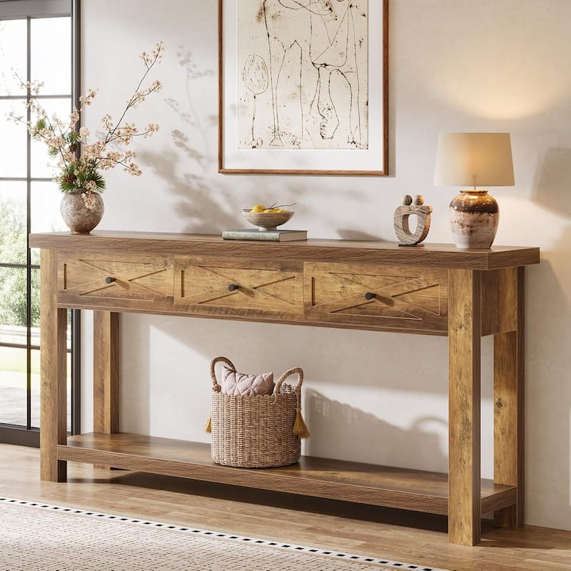 70.9” Extra Long Console Table with 3 Drawers, Farmhouse Entryway Table with Storage Shelf