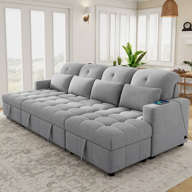 Classic U Shaped Sectional Sofa with Chenille Upholstery and Pull Out Bed and Storage Chaise for Guest Ready Living Rooms