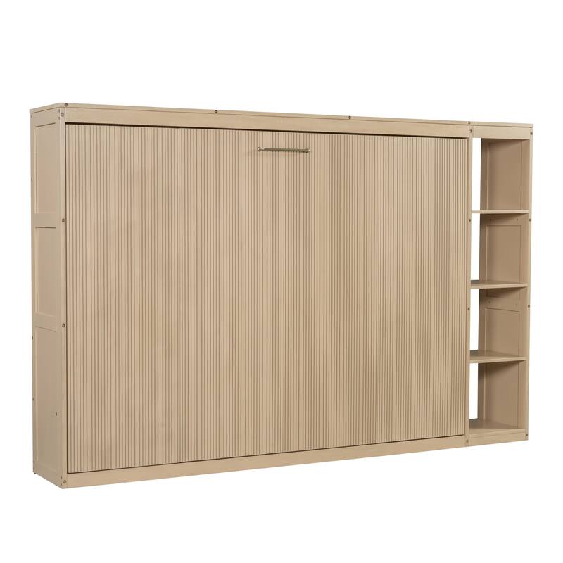 Space-Saving Full Size Murphy Bed with Bookshelf and Storage, Natural