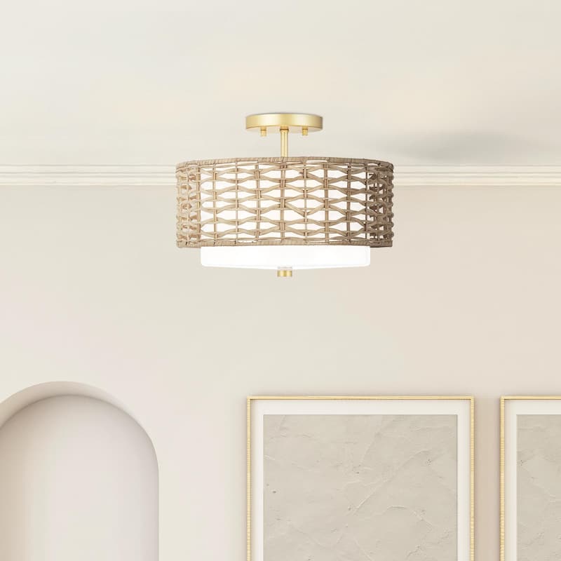 Hunter Laila 2-Light Flush Mount Ceiling Light - Open Weave Rattan - Transitional - Luxe Gold