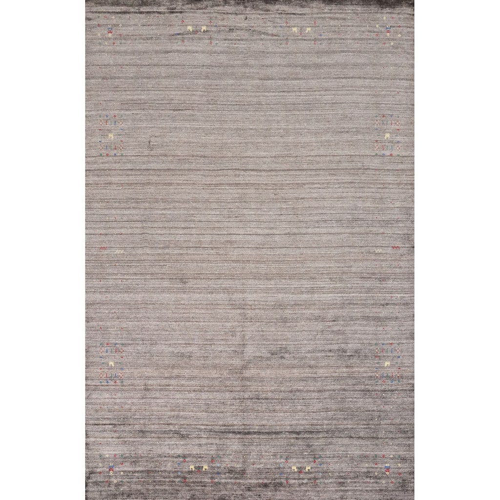 Hand Knotted Oriental Viscose Silk Carpet Tribal Animal Pictorial Greys & Charcoal Gabbeh Area Rug - 12' 0'' X 9' 0''