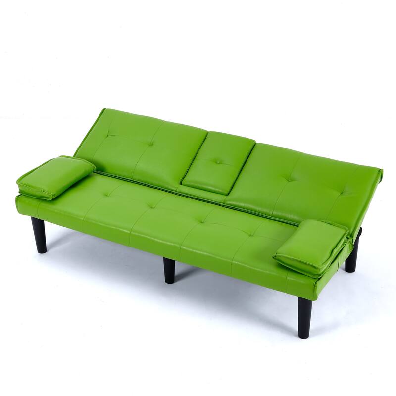 The 67-inch black PVC multi-functional sofa bed with a foldable and cup holder design