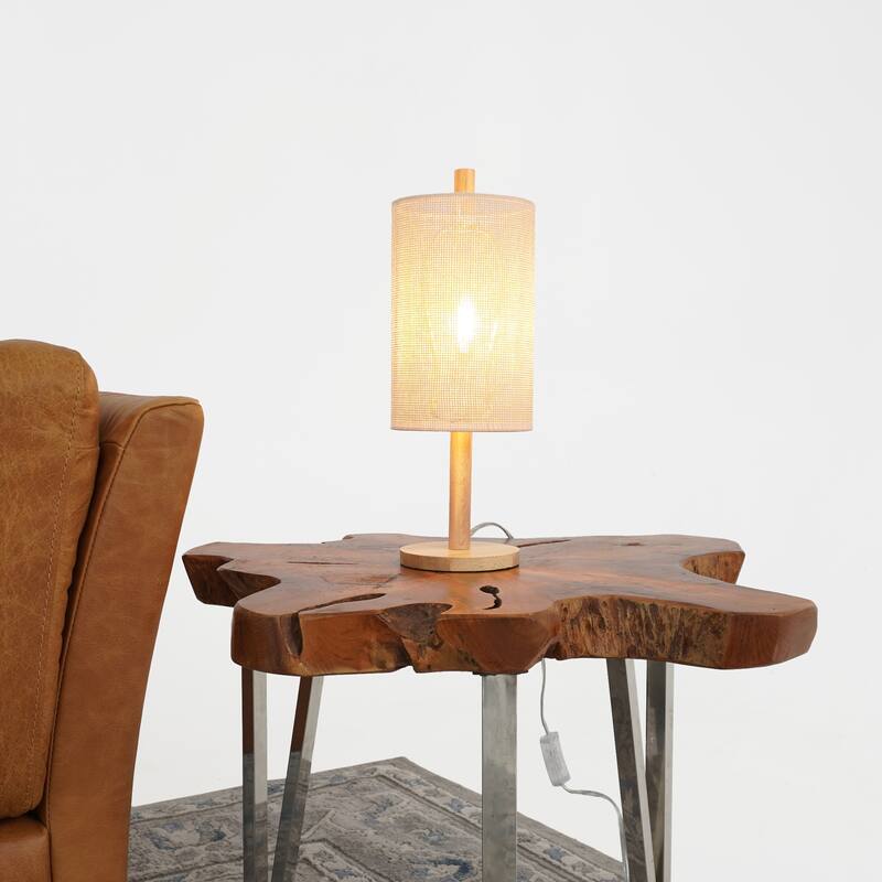 Pearl Natural Wooden Table Lamp with Woven Fabric Shade - Walnut