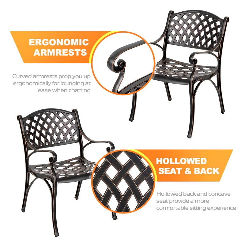 Outdoor 2-Piece Patio Cast Aluminum Dining Chairs with Armrests