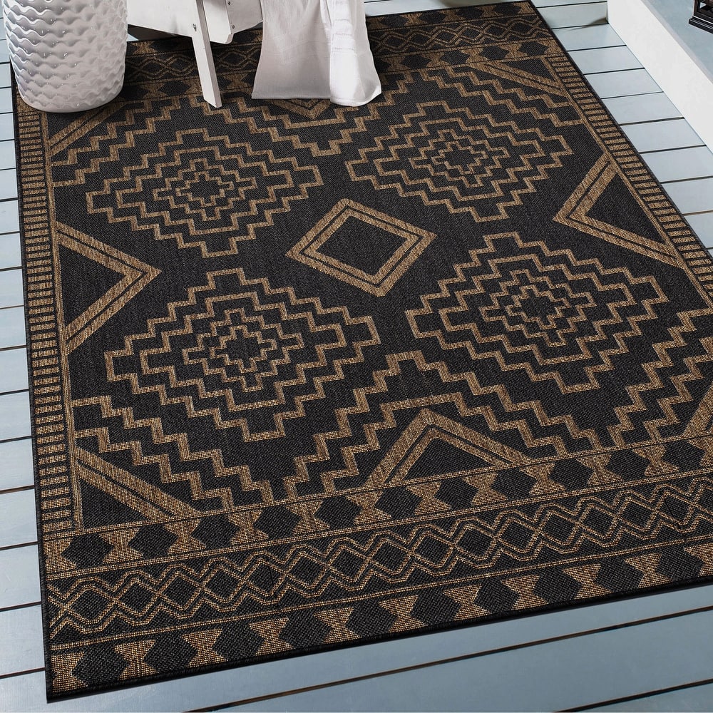 World Rug Gallery Geometric Border Indoor/Outdoor Flat Woven Area Rug