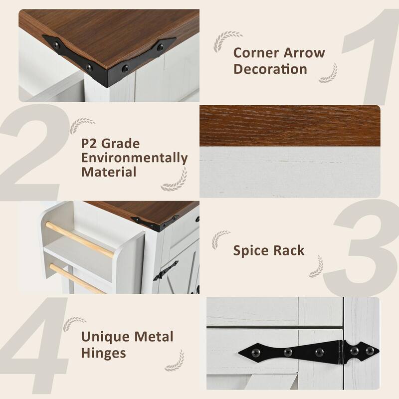 53.5" Farmhouse Kitchen Island with Power Outlet, Drop Leaf, Spice Rack & Drawer