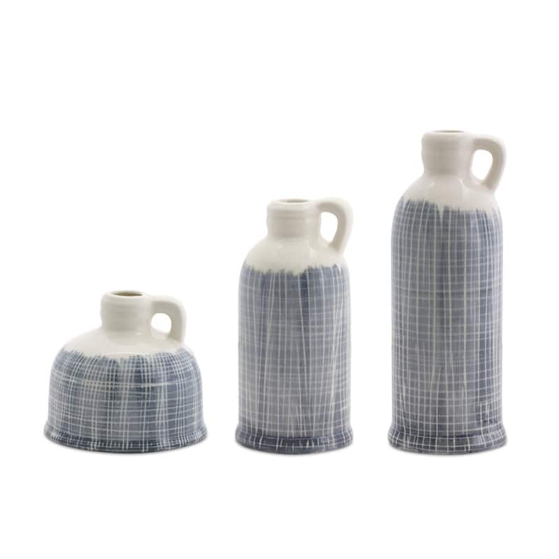 Set of Three Off White And Blue Clay Checkered Jug Vases - 4.00