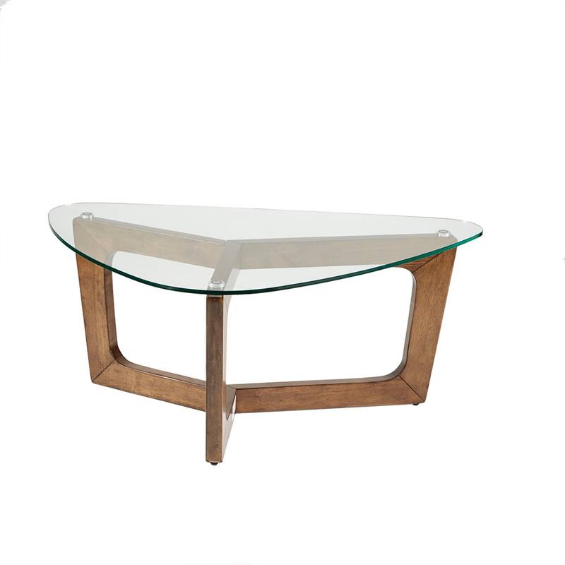 Roomfitters 42-Inch Triangular Coffee Table, Tempered Glass Top with Mid-Century Pecan Solid Wood Base