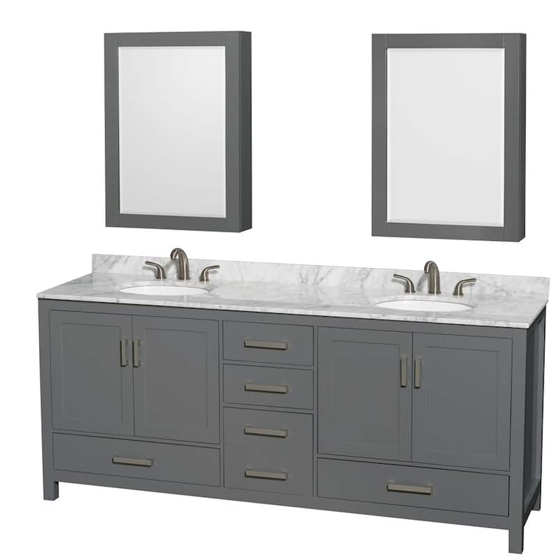 Wyndham Collection WCS141480DUNOMED Sheffield 80" Free Standing Double - Dark Gray / White Carrara Marble Top / Brushed - Steel Finish
