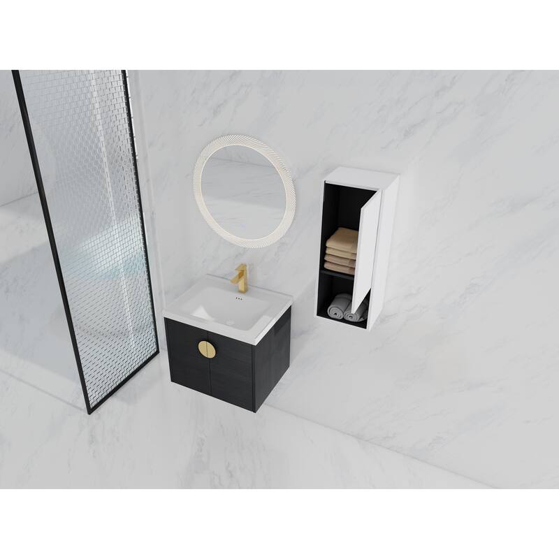28" Floating Bathroom Vanity with Ceramic Sink, Soft-Close Doors, Wall-Mounted Side Cabinet, Black Chestnut