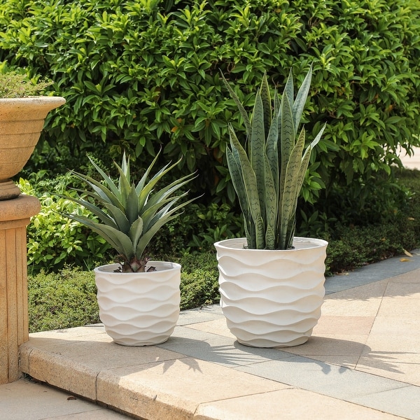 Kayu 2-piece Wavy Design White MgO Planters by Havenside Home. Opens flyout.