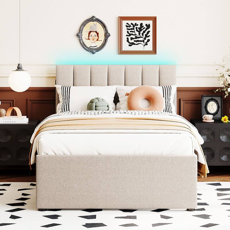 Teddy Fleece Twin Upholstered Platform Bed with Trundle, Stripe Headboard