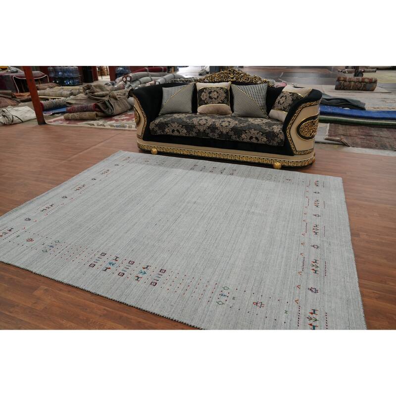 Hand Knotted Oriental 100% Wool Carpet Tribal Animal Pictorial Greys & Charcoal Gabbeh Area Rug - 9' 8'' X 7' 11''