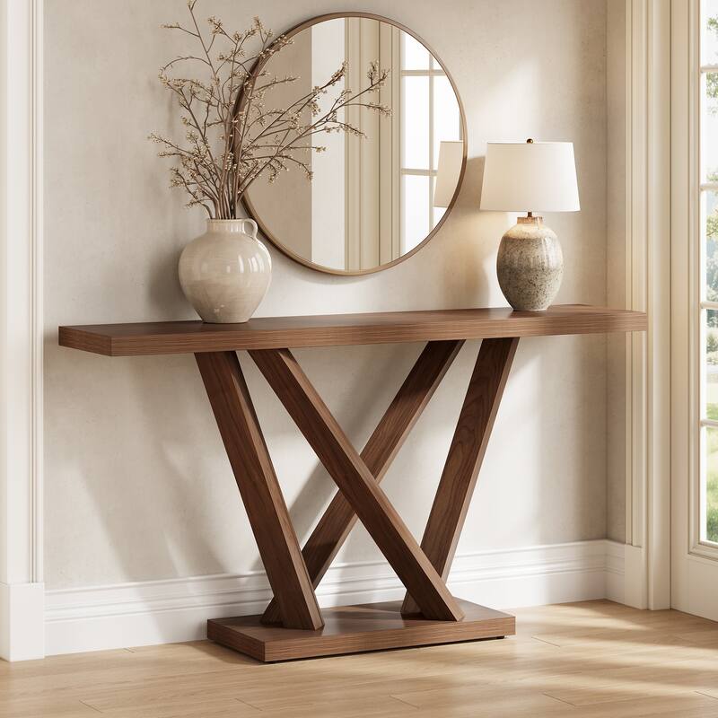 63" Farmhouse Entryway Console Table Behind The Couch - Brown