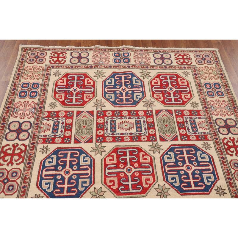 Geometric Kazak Oriental Area Rug Hand-Knotted Bedroom Wool Carpet - 5'0" x 6'9"