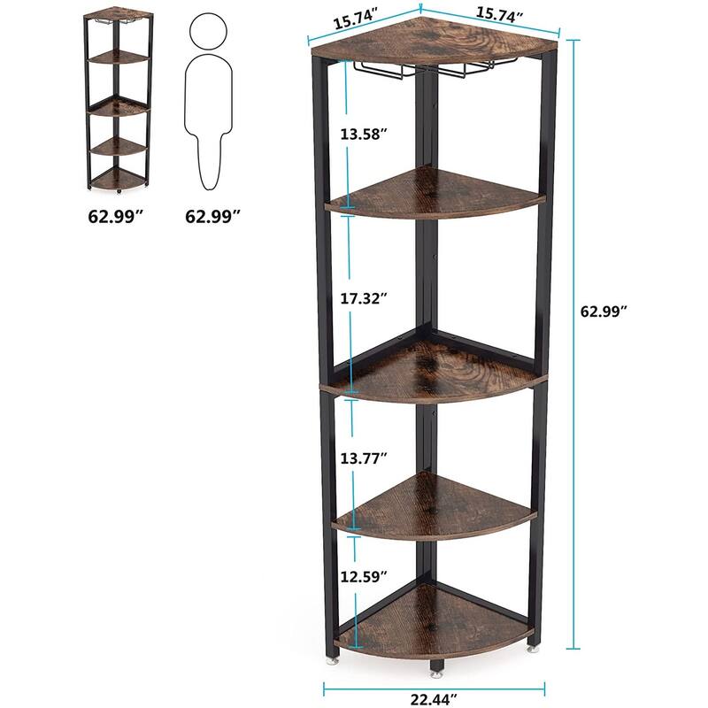 5-Tier Corner Shelf, Corner Bookshelf Small Bookcase with Wine Glass Holder Corner Stand Display Rack for Living Room