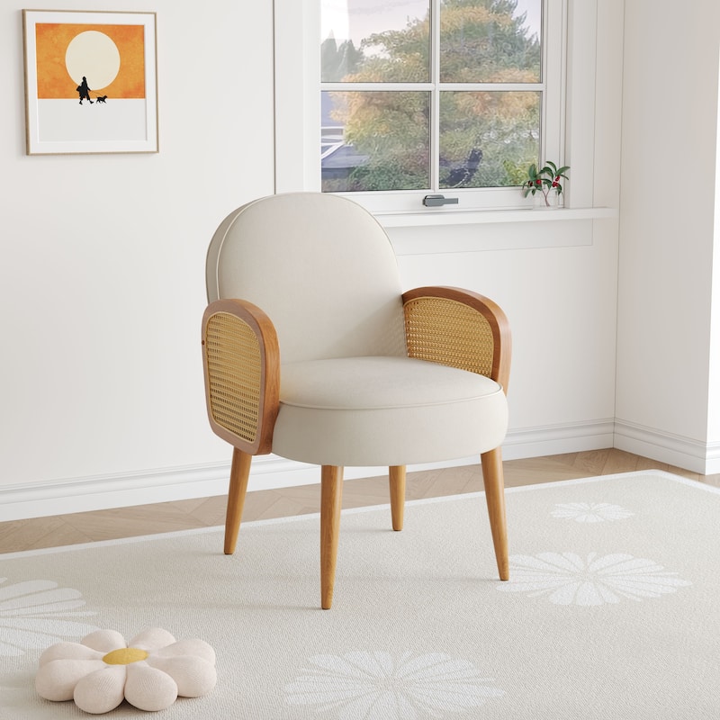 Velvet Accent Chair with Rattan Armrests