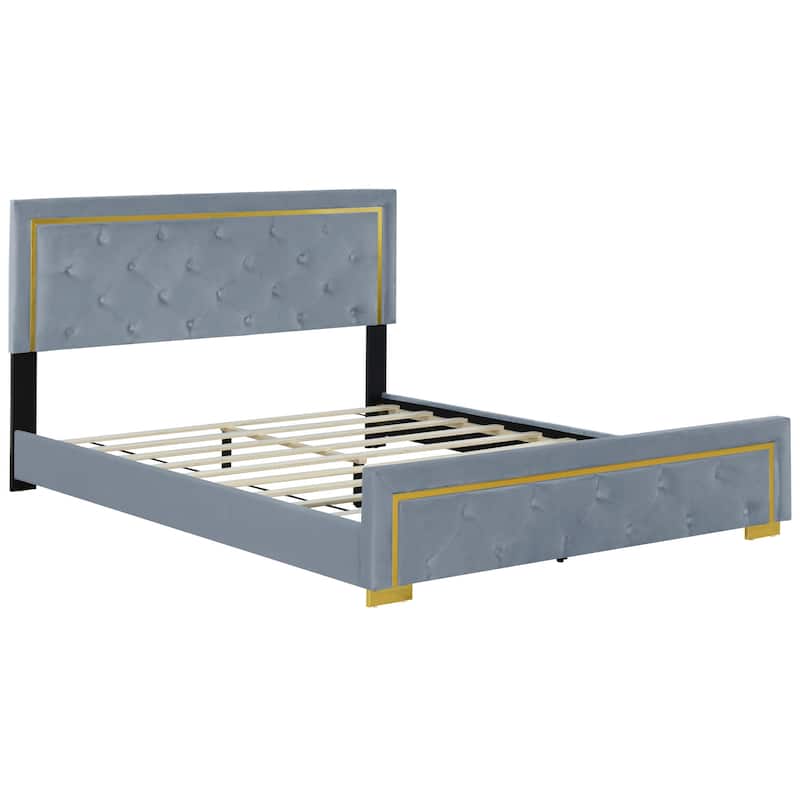 HomeRoots Gray Tufted Velvet Upholstered Queen Bed Frame