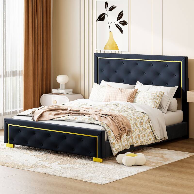 Velvet Upholstered Platform Bed With Pull Point Headboard And Metal Wire Frame