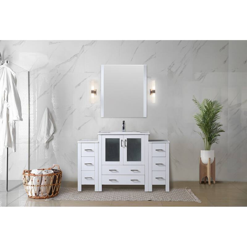 Volez 54 in W x 18.25 in D Dark Grey Bath Vanity with Side Cabinets, Faucet Set, White Ceramic Top, and 28 in Mirror