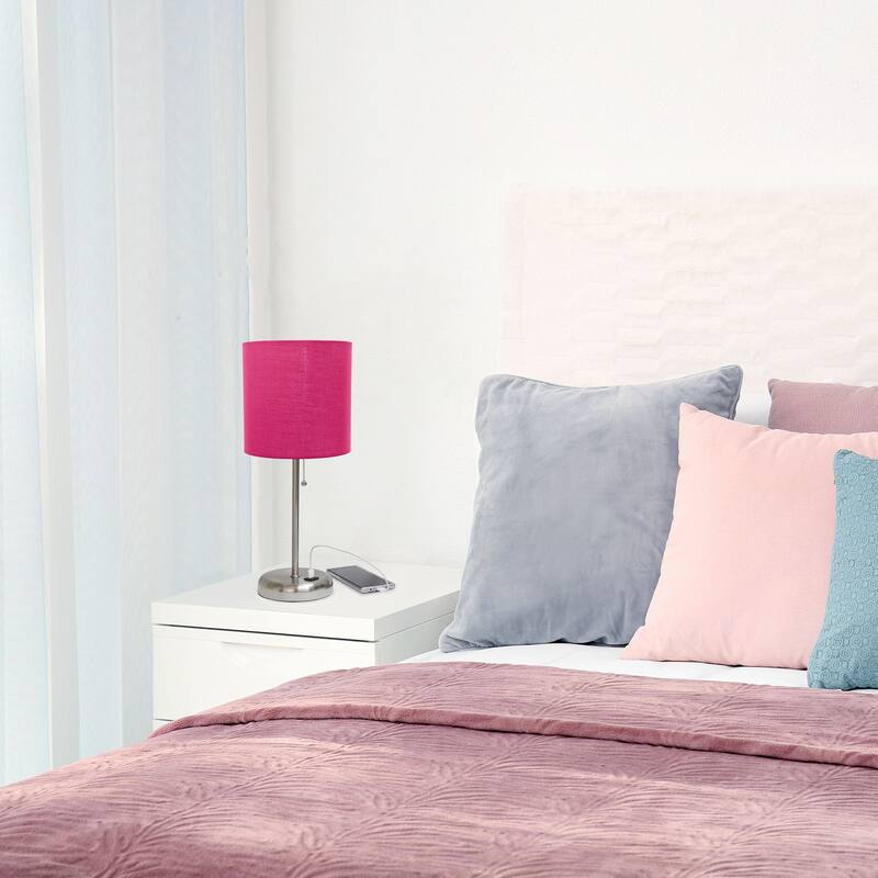 Creekwood Home Oslo 19.5" Bedside Usb Port Feature Standard Desk Lamp - Brushed Steel/Pink Shade - 9x9x15