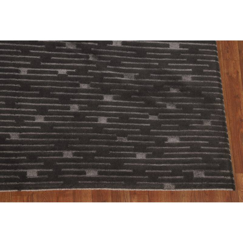 Striped Black Nepalese Indian Area Rug Hand-Knotted Wool Carpet - 9'0" x 11'8"