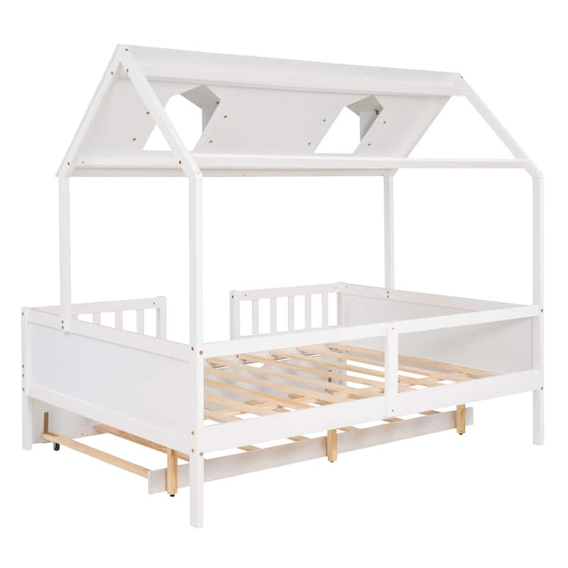 White Full Size House Low Loft Bed w/ Twin Size Trundle Bunk Bed Frame ...