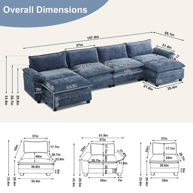 Full KD Double Cushion Chenille Sofa with Ottoman