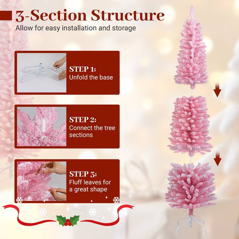 Gymax 6 FT Pink Artificial Christmas Tree Slim Pencil Xmas Tree w/ 328
