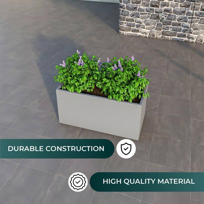 Flora Modern Rectangular Fiberstone MGO Planter with Drainage, Weather-Resistant Indoor Outdoor Decorative Plant Pot