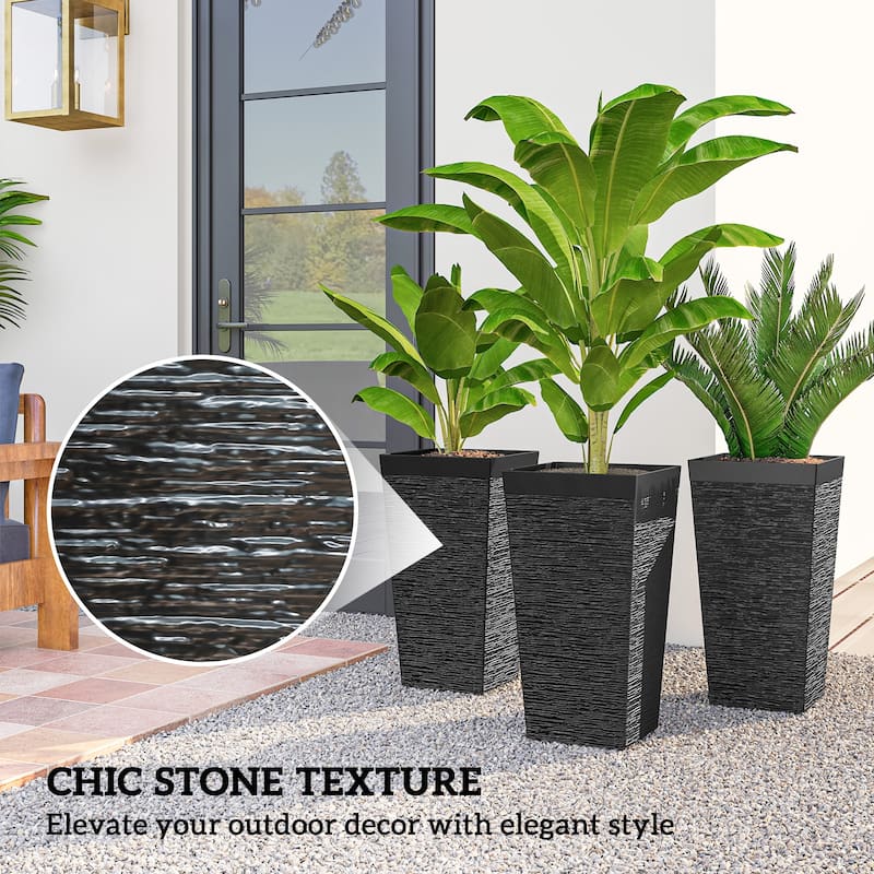 Outsunny 22.8 Inch Tall Planters for Outdoor Plants, Set of 3 Plastic Flower Pots with Stone Finish and Wheels
