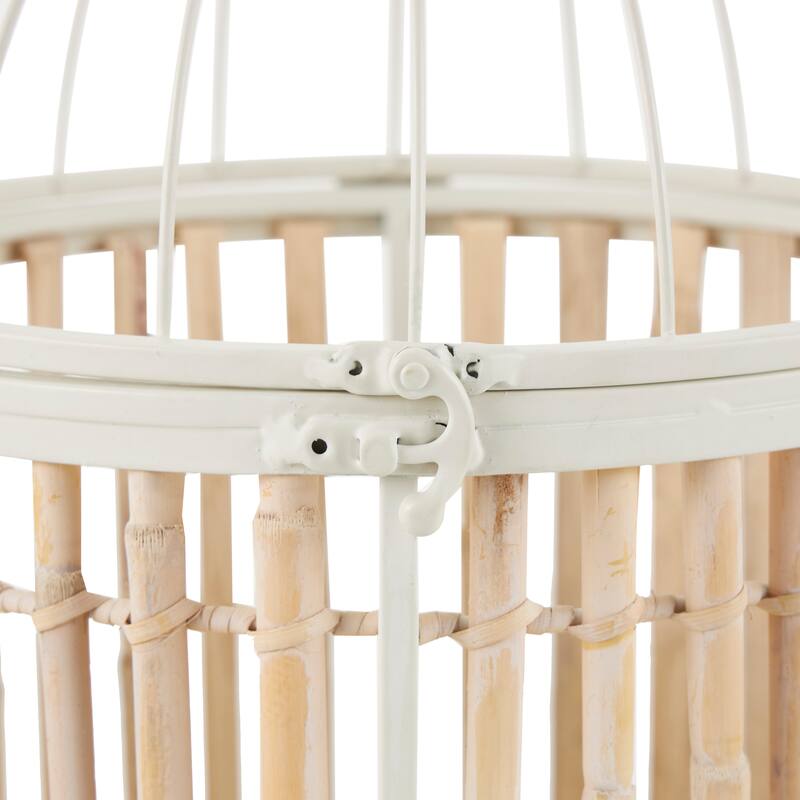 Brown Bamboo Wood Handmade Birdcage with White Metal Accents (Set of 2)