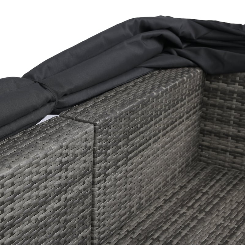 7-Piece outdoor Patio Retractable Canopy Wicker Rattan Sectional Sofa Set with Black Cushions - 78.74"X74.80"