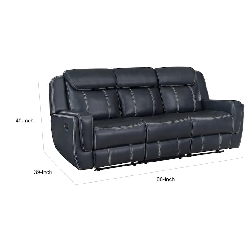 Louise 86 Inch Dual Manual Recliner Blue Faux Leather Sofa, Drop Down Table