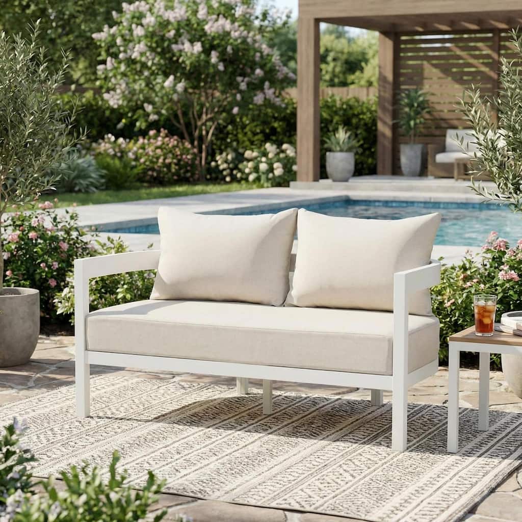 Christopher Knight Home - Modern 52.6" Outdoor Curved Back 2-Seater Loveseat with Aluminum Frame & Water-Resistant Cushions