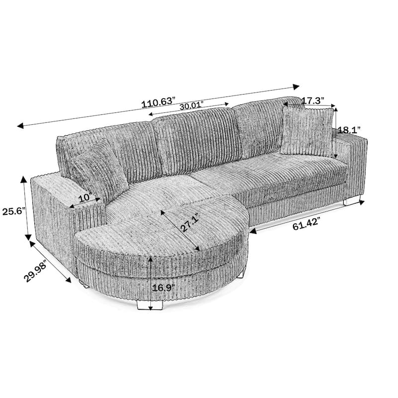 110.63" Modular Corduroy L-Shaped Sectional Sofa with Freely-placed Arc-shaped Footstool