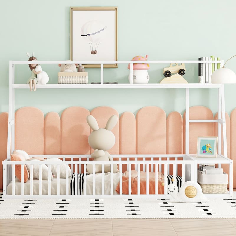 Twin Size Floor Bed Frame with Safety Fence, Metal Floor Bed with Desk and Storage Shelves, Playhouse for Kids, White - Off White