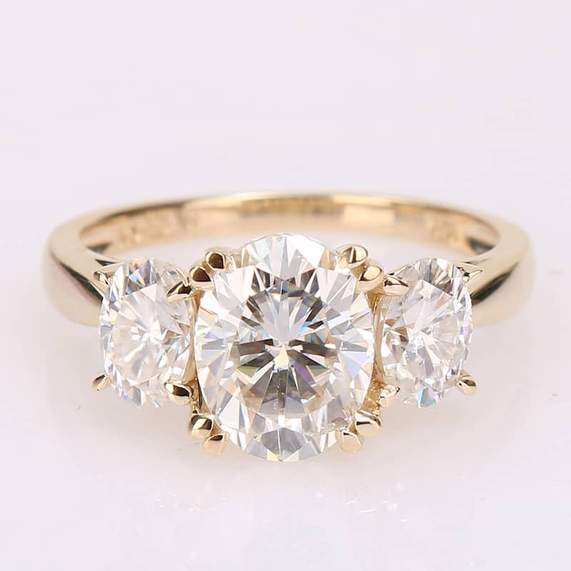 Miadora 10k Yellow Gold 3ct TGW Oval-cut Created White Moissanite 3-Stone Engagement Ring